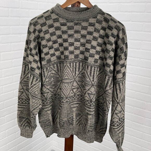Expressions Intl Sweater‎ Mens XLarge Tan Black Geometric Check Acrylic 90s VTG - Picture 1 of 9